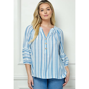 PLUS SIZE MANDARIN COLLAR SMOCKED STRIPE BLOUSE